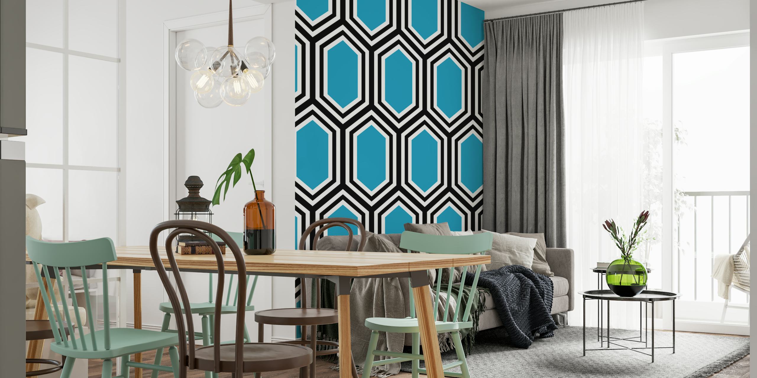 Turquoise hexagonal geometric pattern on black background wallpaper