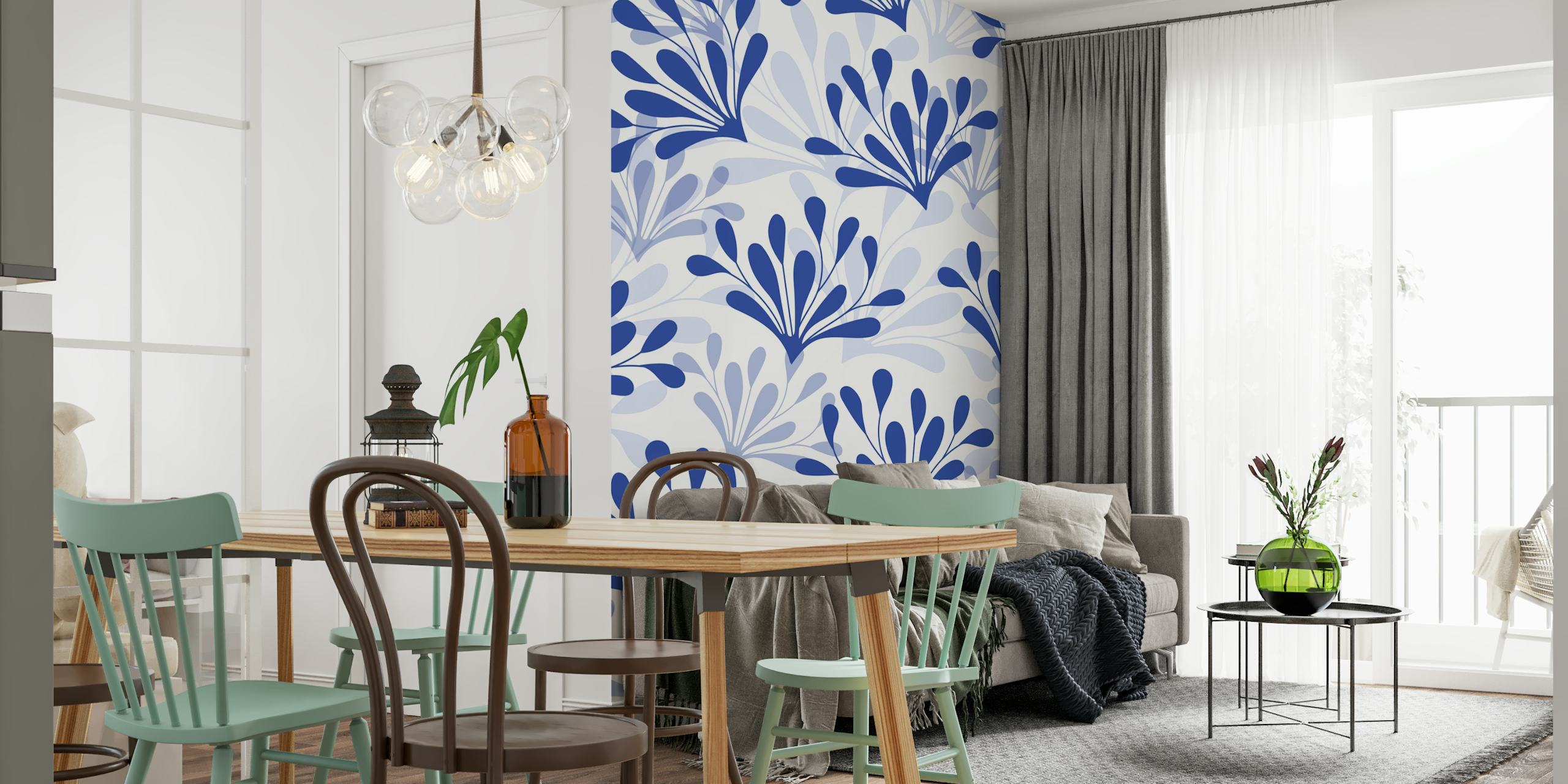 Blue floral pattern on white background wallpaper