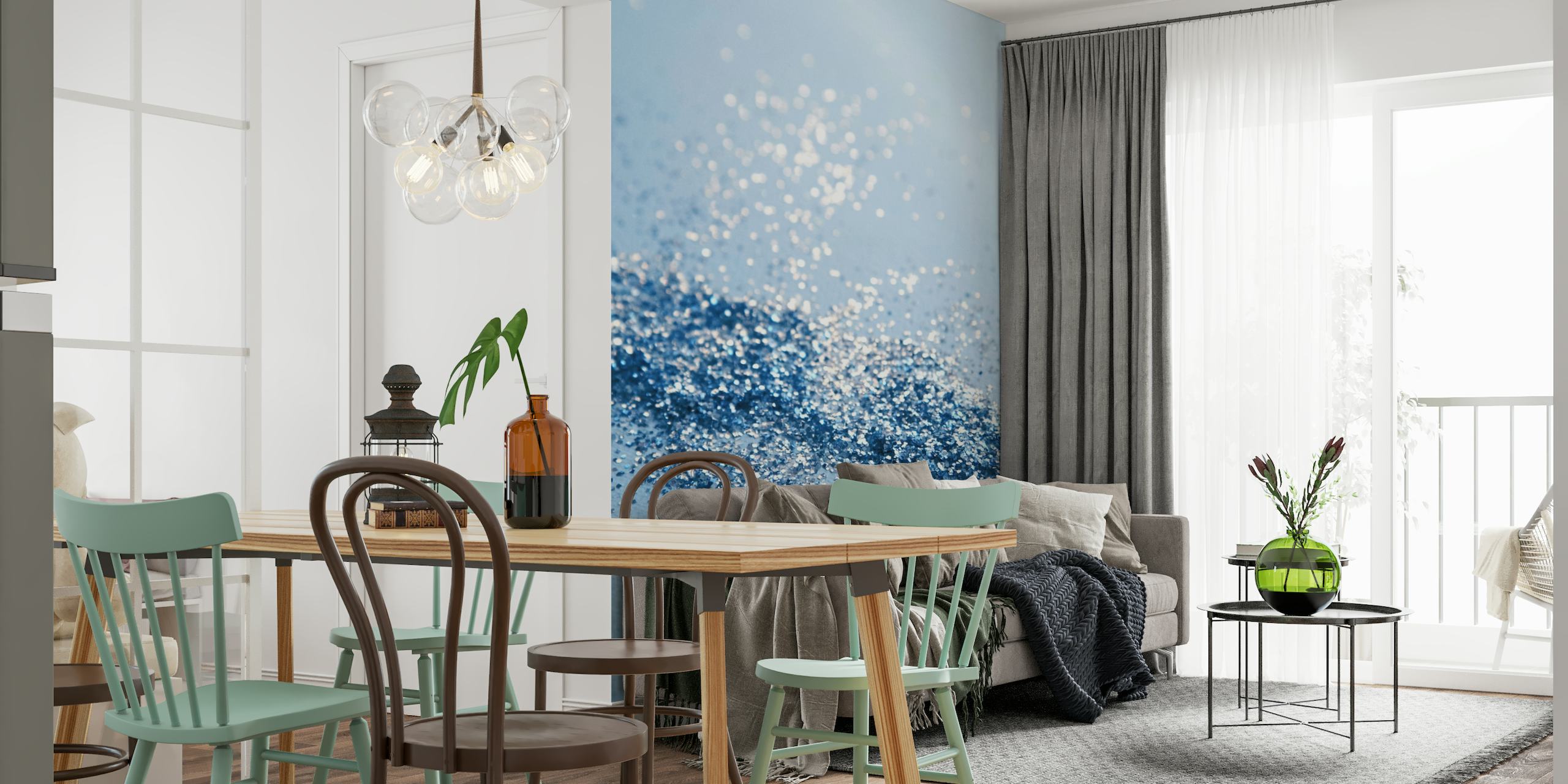 Kimalteleva sininen tekstuurinen seinämaalaus hienostuneeseen sisustukseen