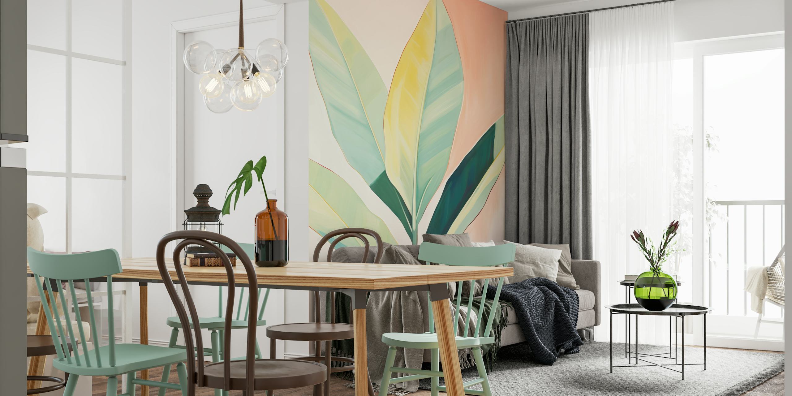 Tropical wallpaper featuring stylish leaves in a room