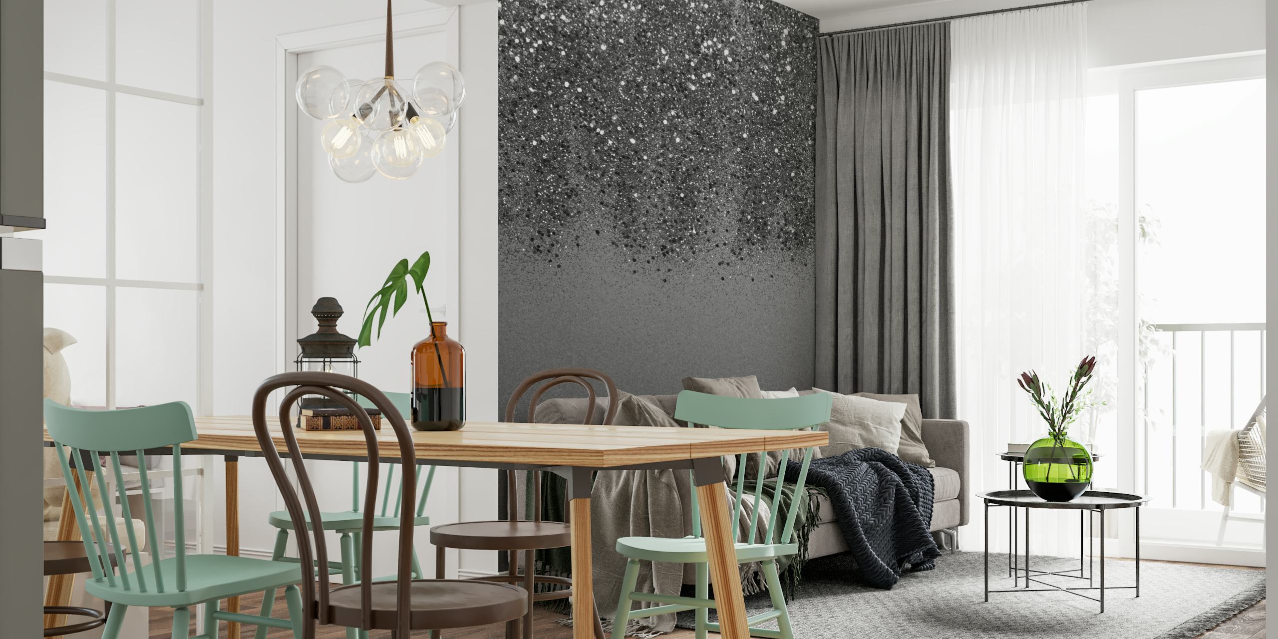 Zilvergrijze glitterbehang in een kamer