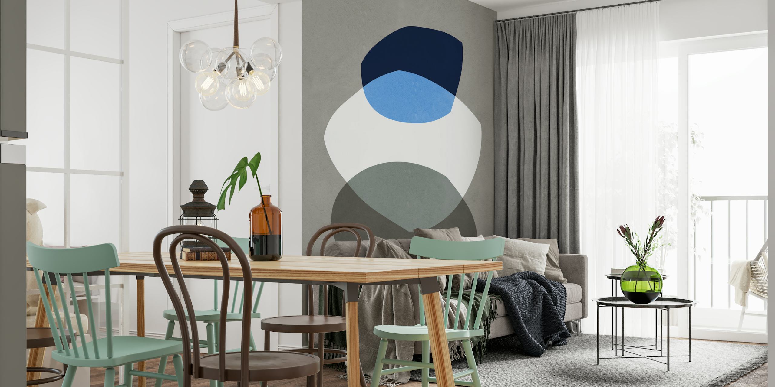 Abstract shapes in blue, gray, and white on a textured background wallpaper