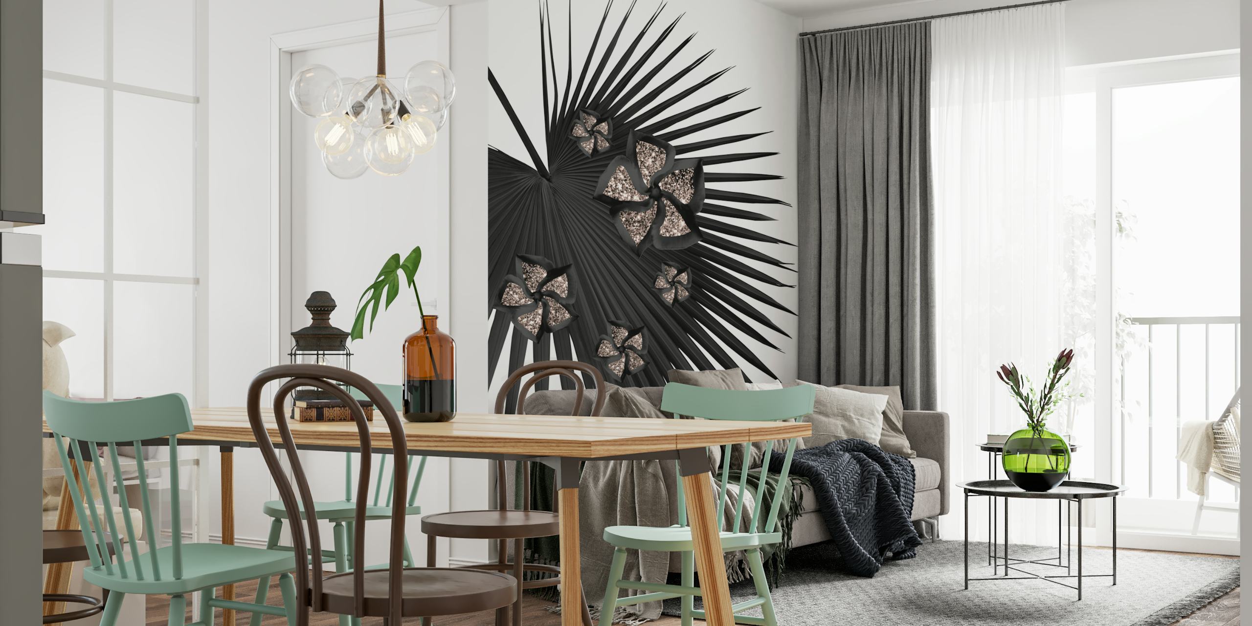 Fan Palm Floral Glitter Glam 1 fototapet med sorte palmeblade og glitrende sommerfugle