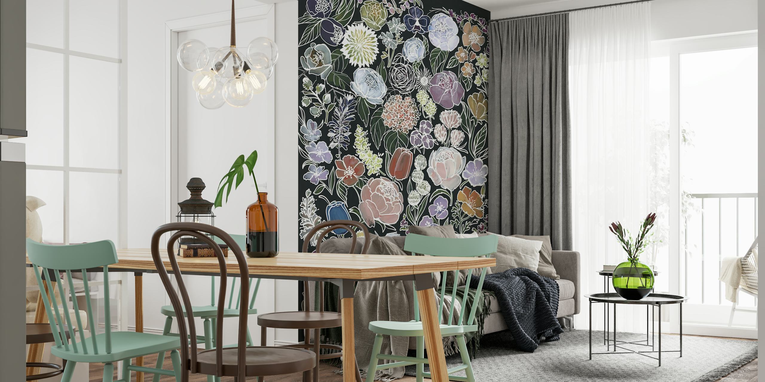 Ragni moody flowers in white wallpaper displayed in a room