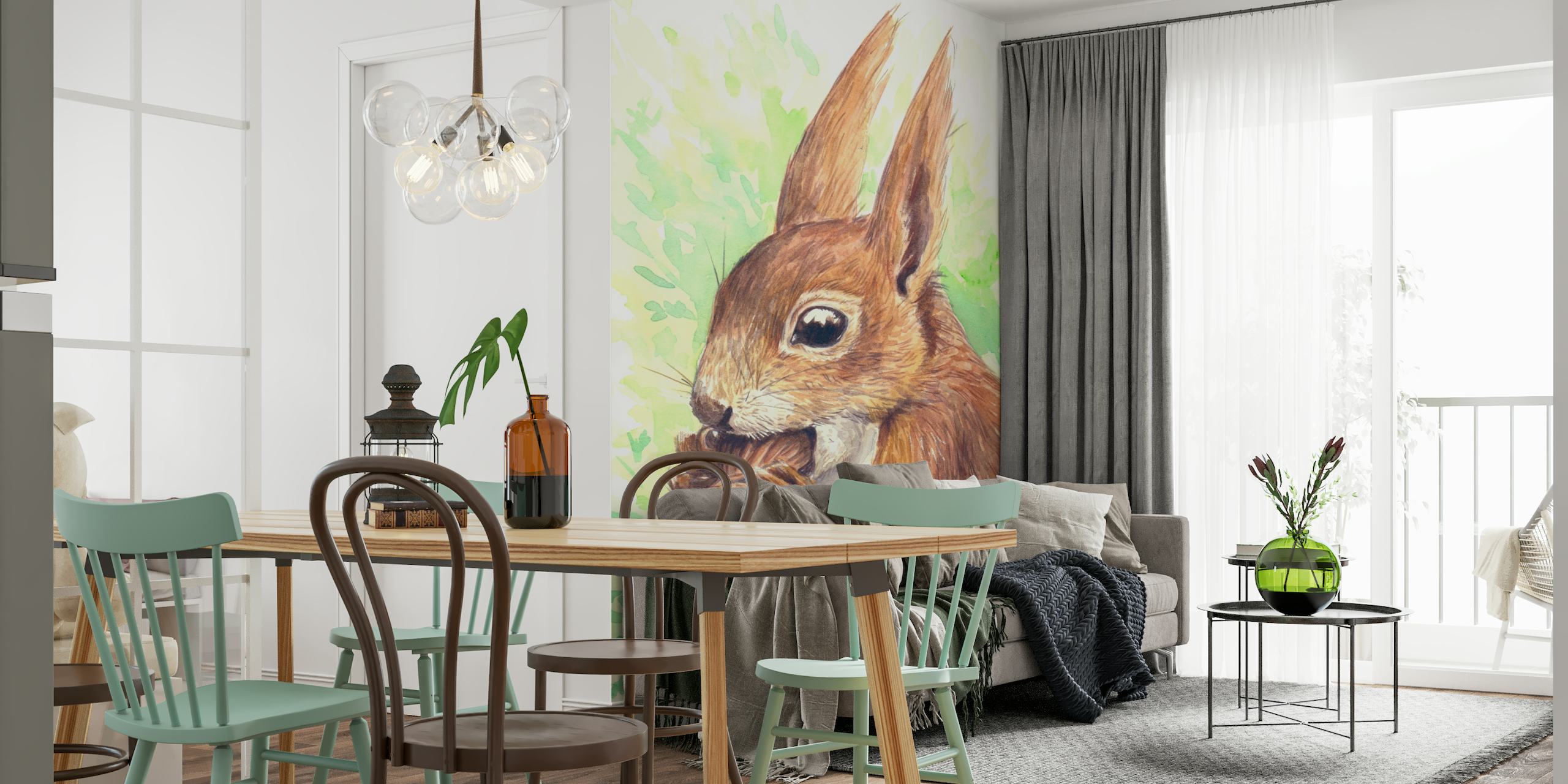 Wall mural with a detailed drawing of a squirrel surrounded by green foliage