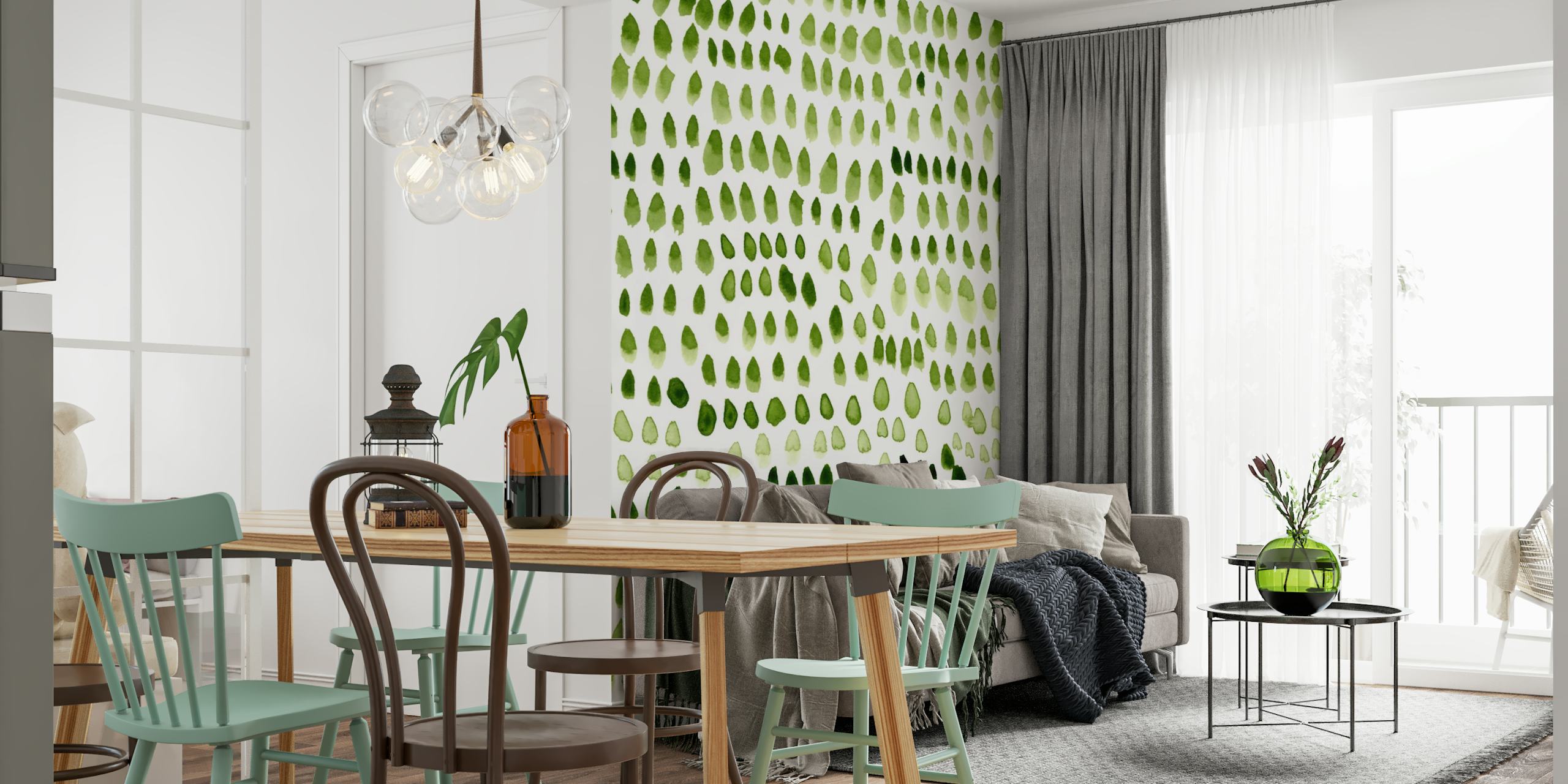 Green painted dots wallpaper in a room