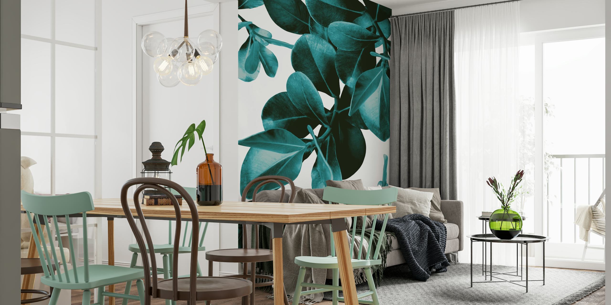 Teal Ficus leaves on a white background wallpaper