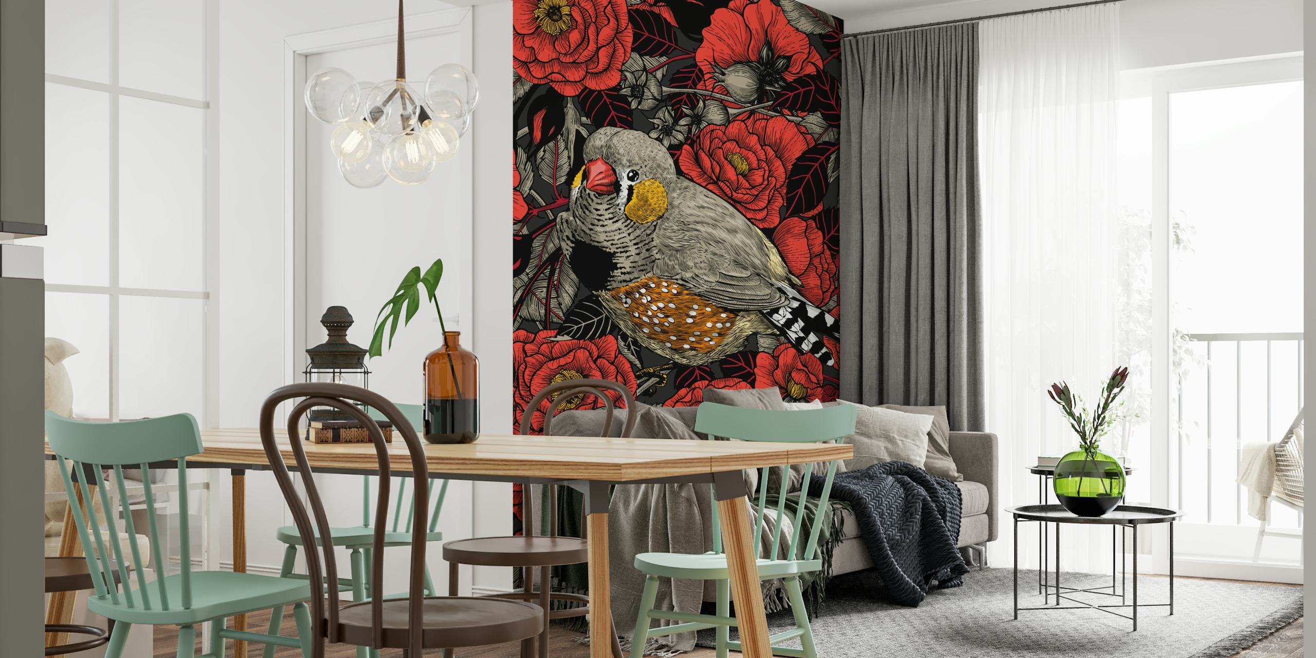 Zebra finch wallpaper with red flowers