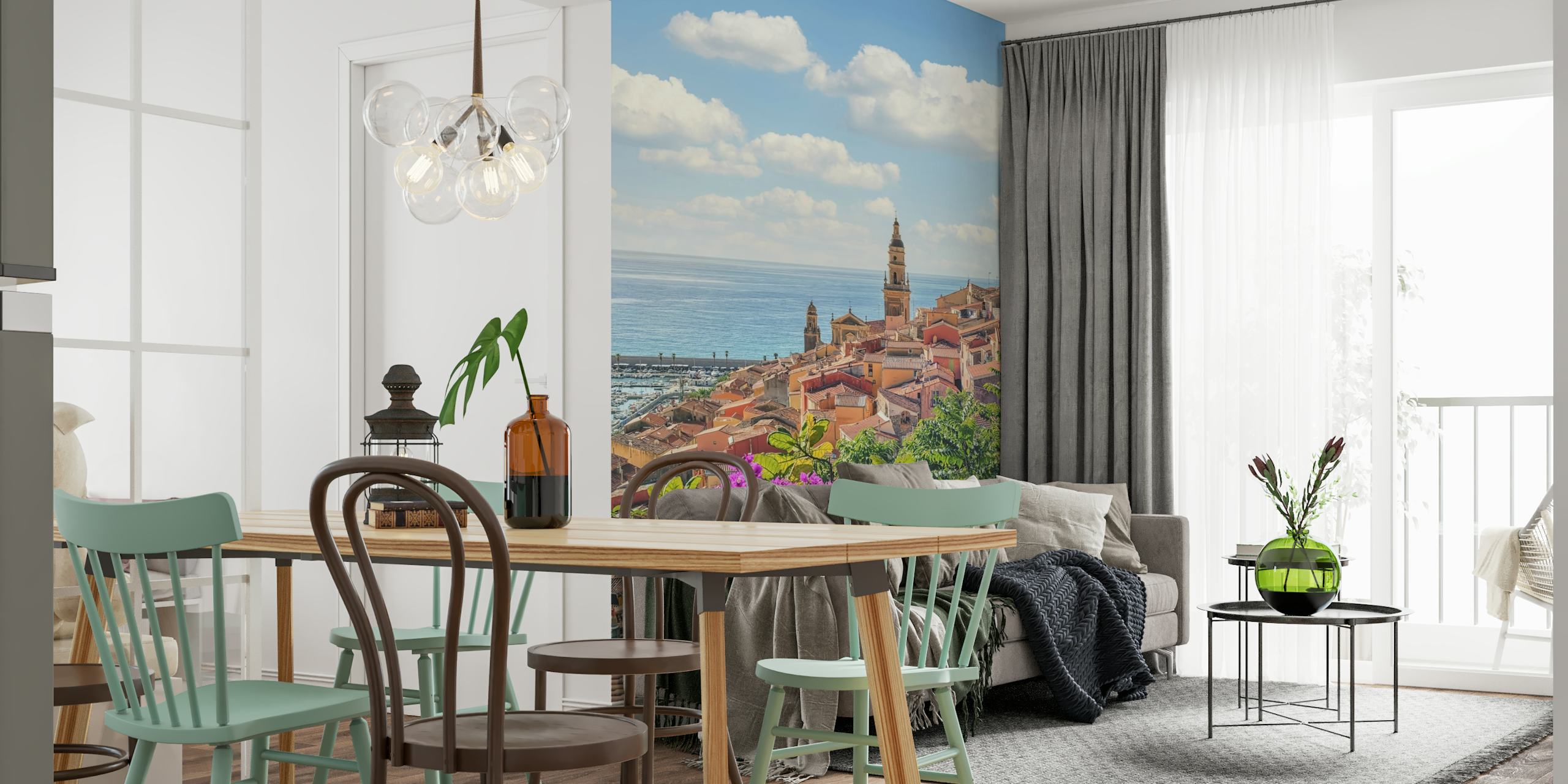 Mediterranean coastal scene with bougainvillea flowers and blue sea wallpaper