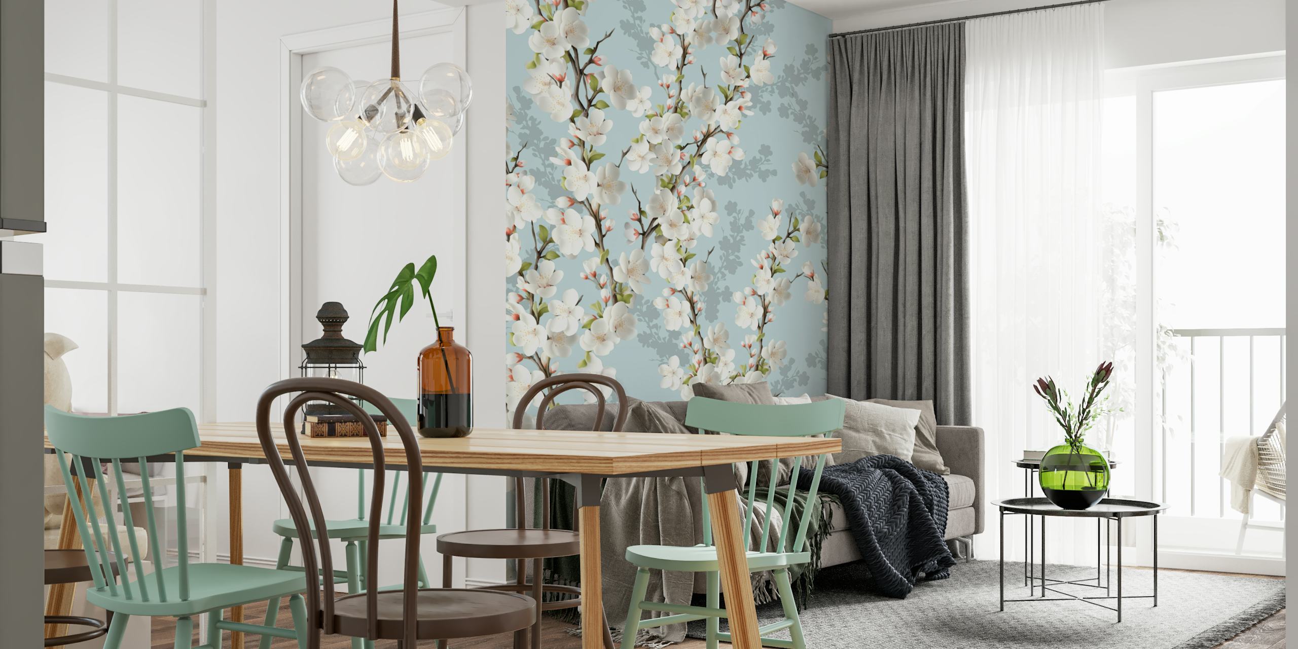 Cherry blossom wallpaper design on pale blue