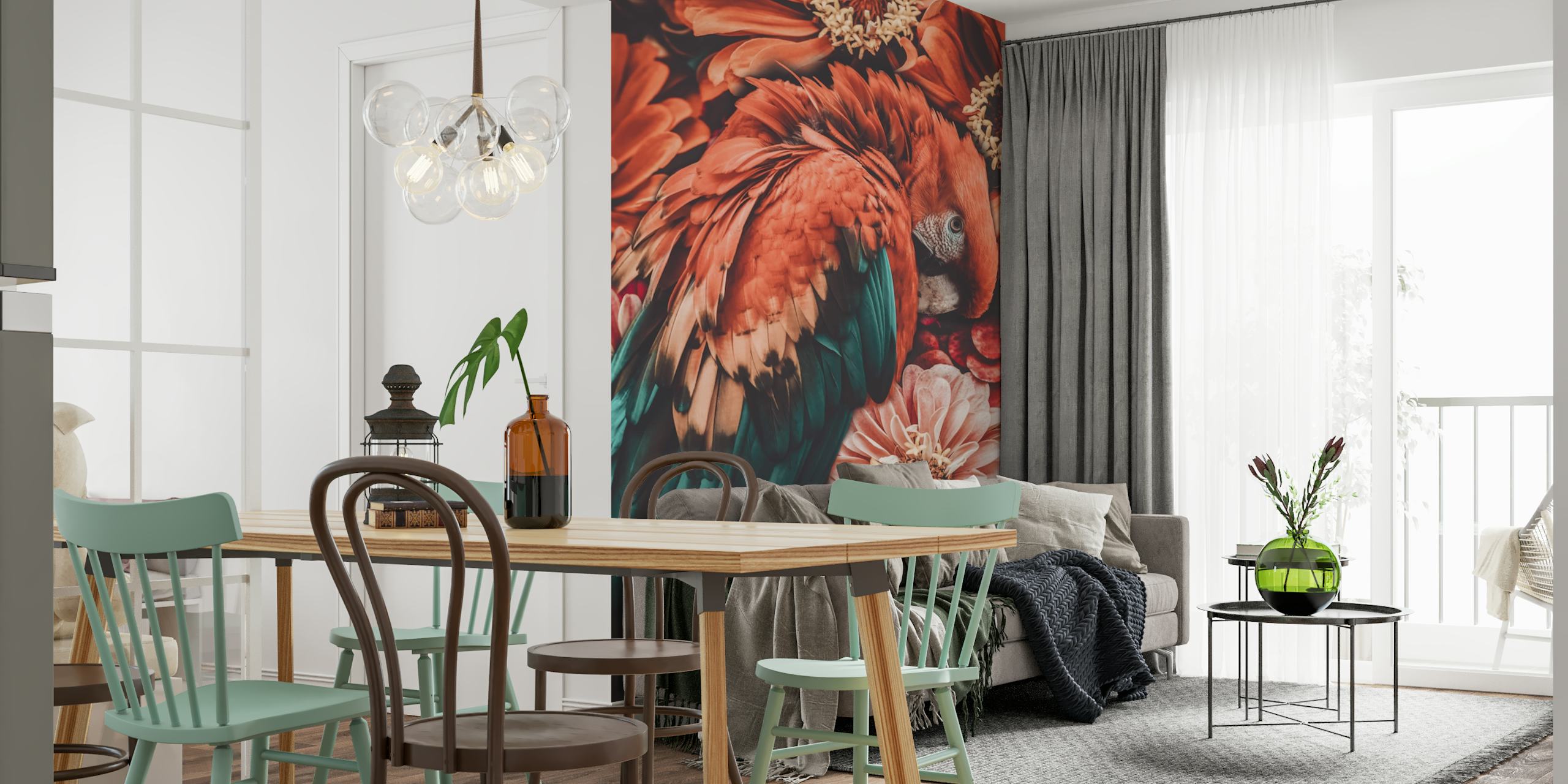 Tropical bird with orange and teal feathers atop pink flowers wallpaper