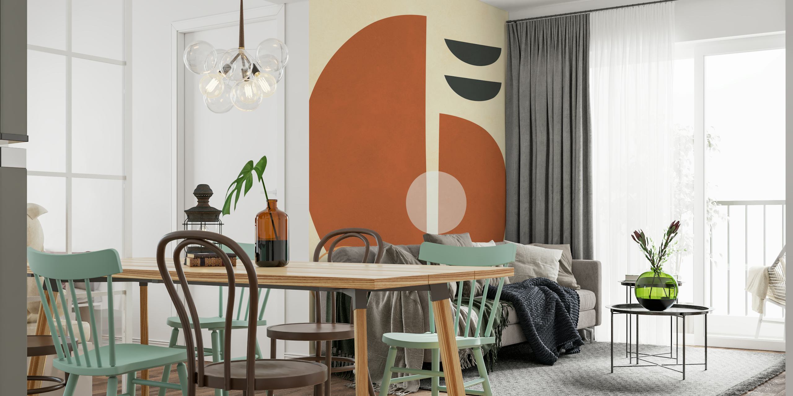 Earthy geometric shapes in orange, white, and black wallpaper