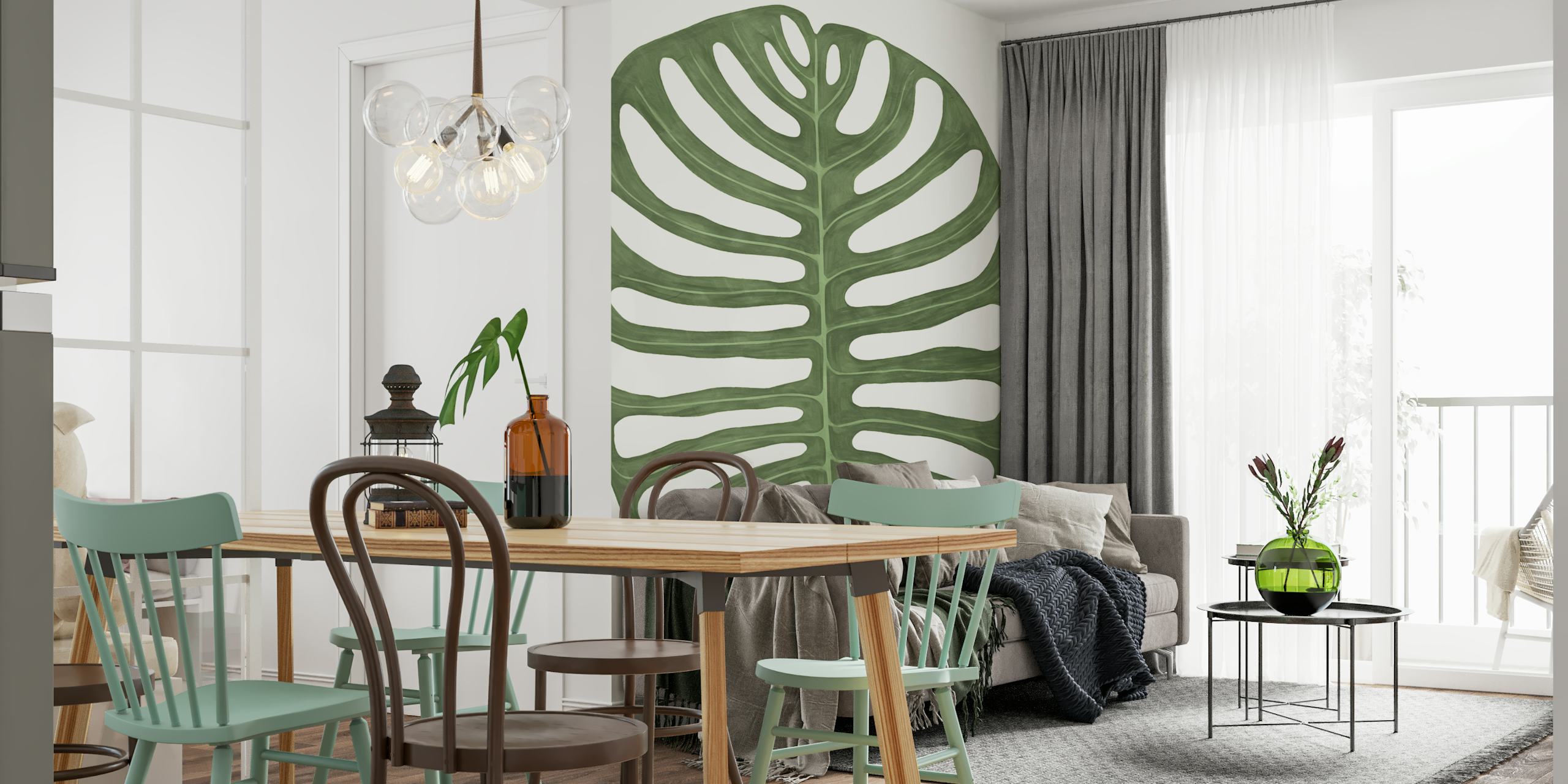 Large green tropical leaf silhouette on light background wallpaper