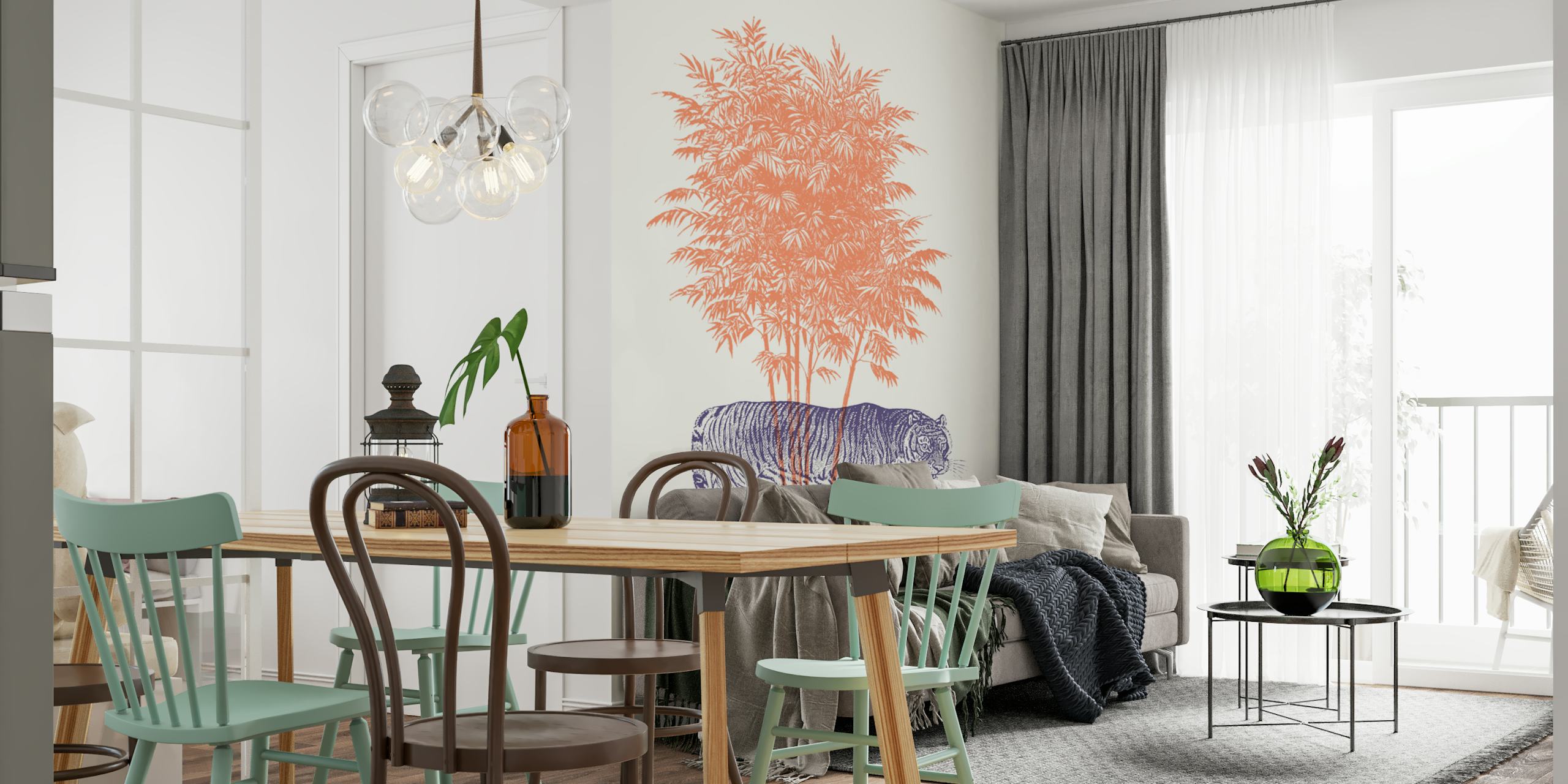 Tiger and Palm -tapettisuunnittelu huoneen asetelmassa