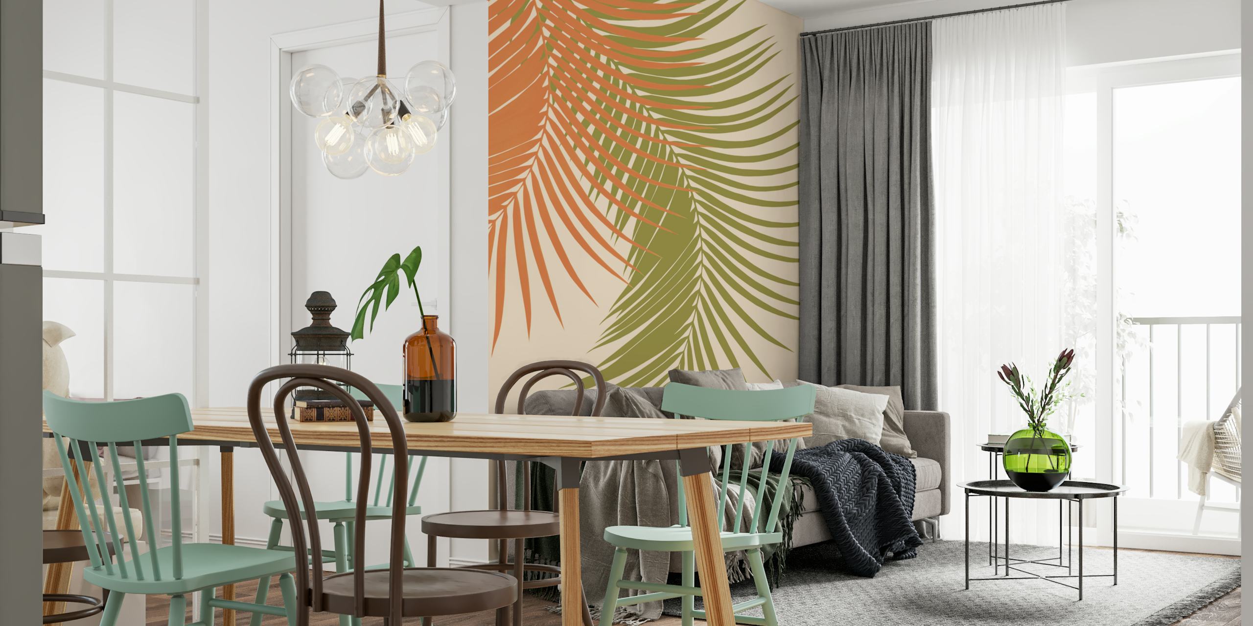 Palm leaves in orange and green on beige background wallpaper
