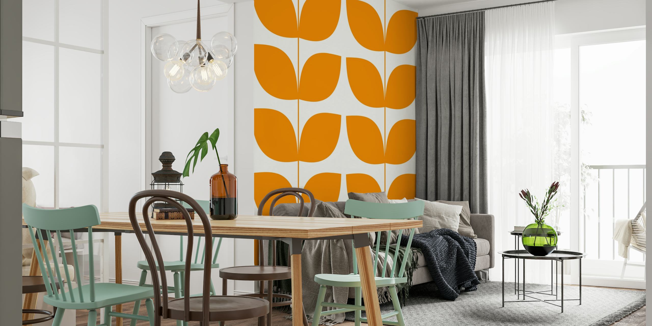 Modern Mid Century Orange Wallpaper for Walls featuring Leaves Design