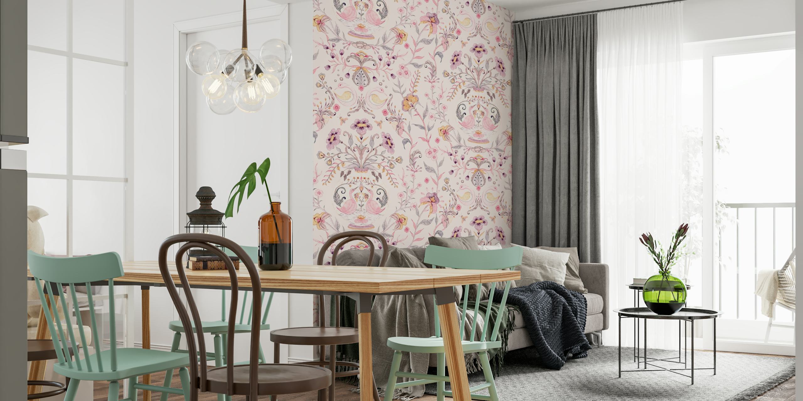 Floral pattern wallpaper in a styled room