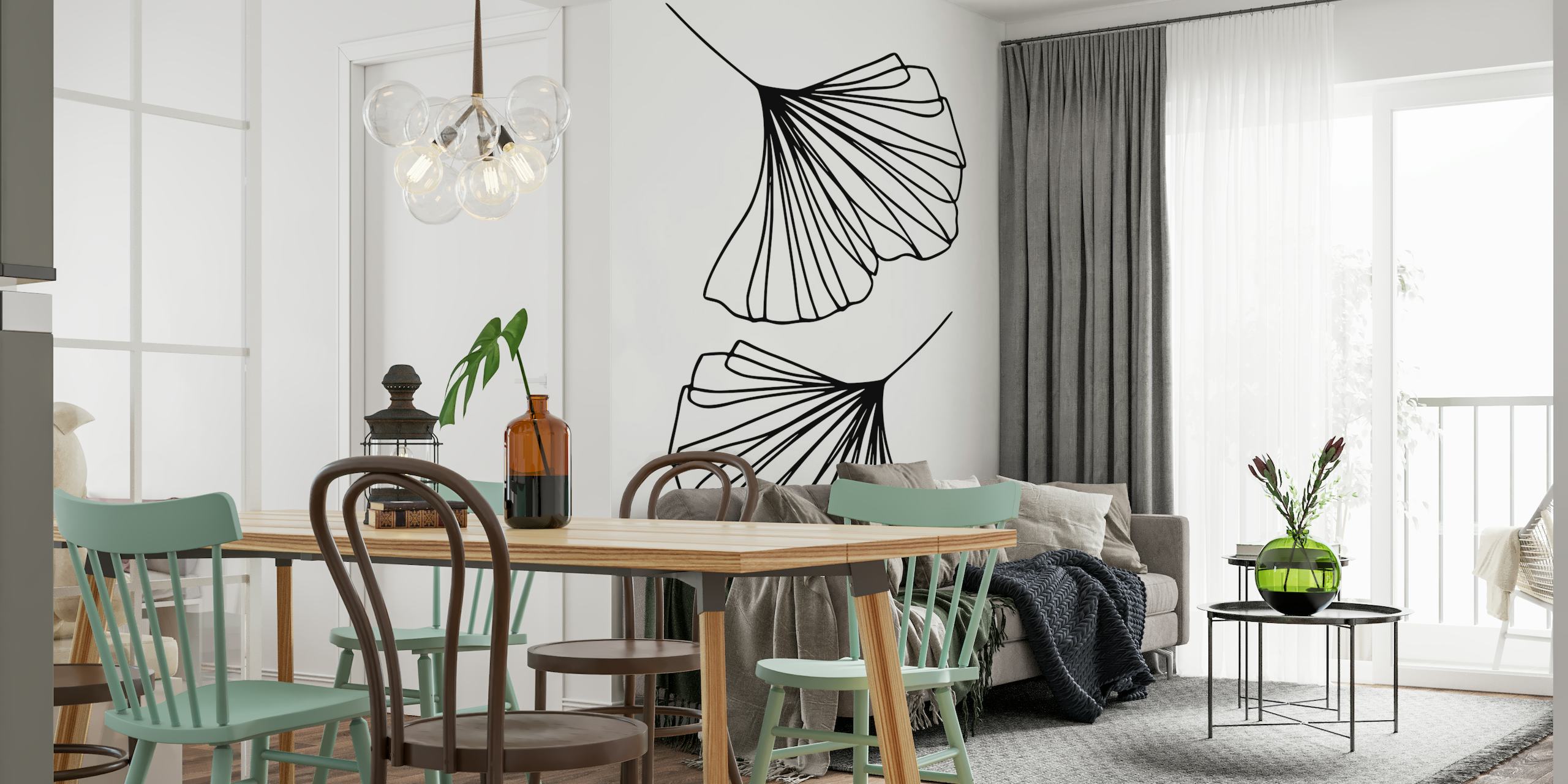 Ginkgo Leaves Minimal Line Art papel de parede