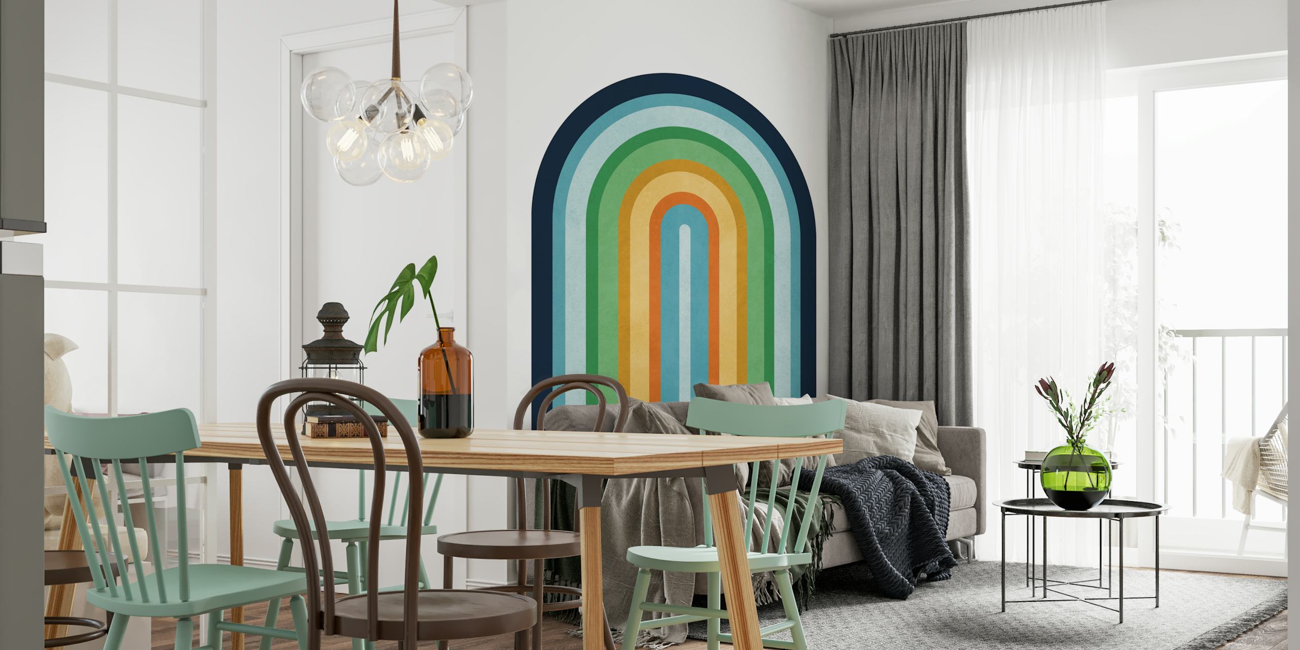 Expressive rainbow wallpaper displayed in a room