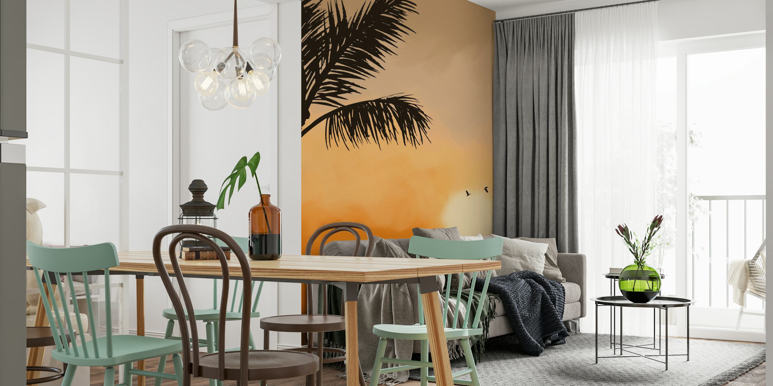 Tropical palm tree silhouette against a vibrant orange sunset wallpaper