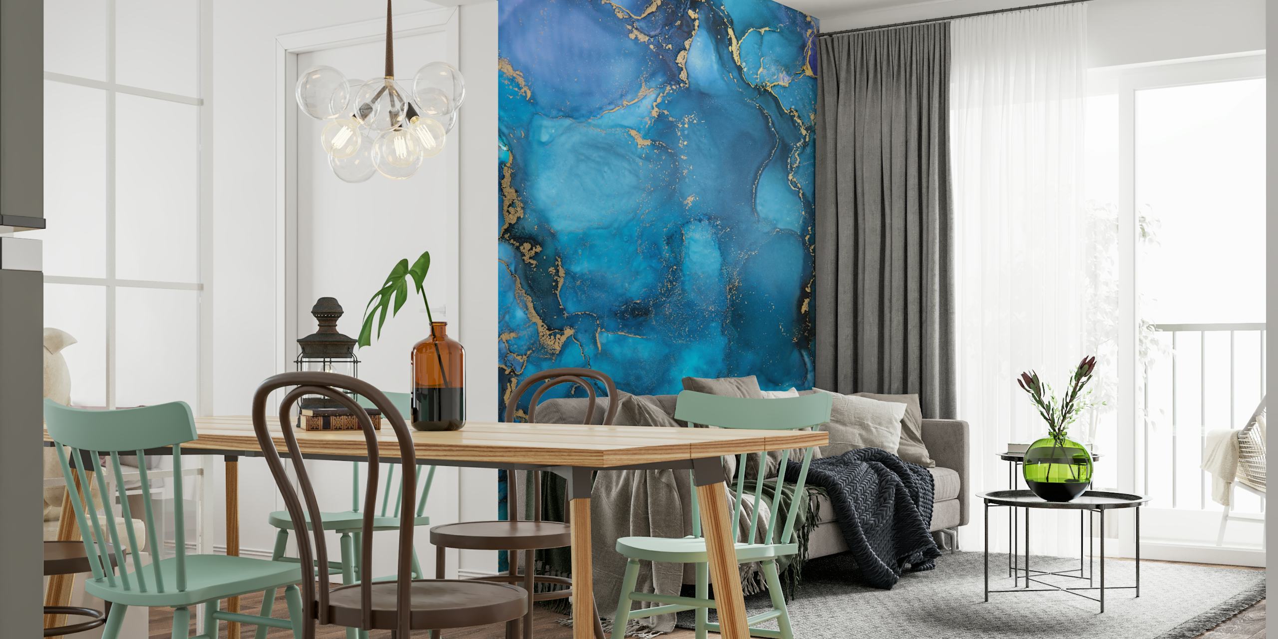 Blue abstract ink swirls with gold veins wallpaper