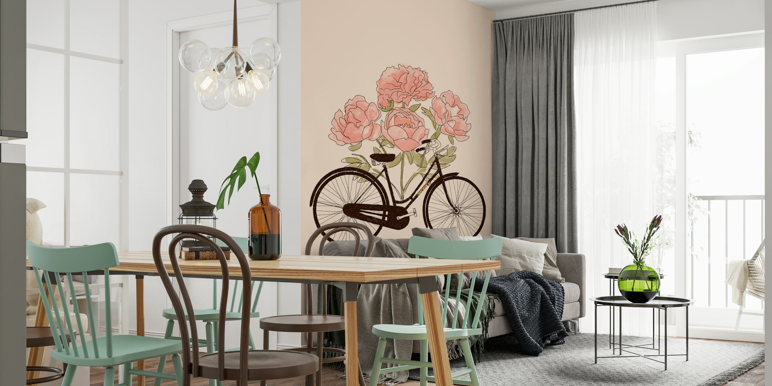 Vintage bike with pink peonies on a soft beige background wallpaper