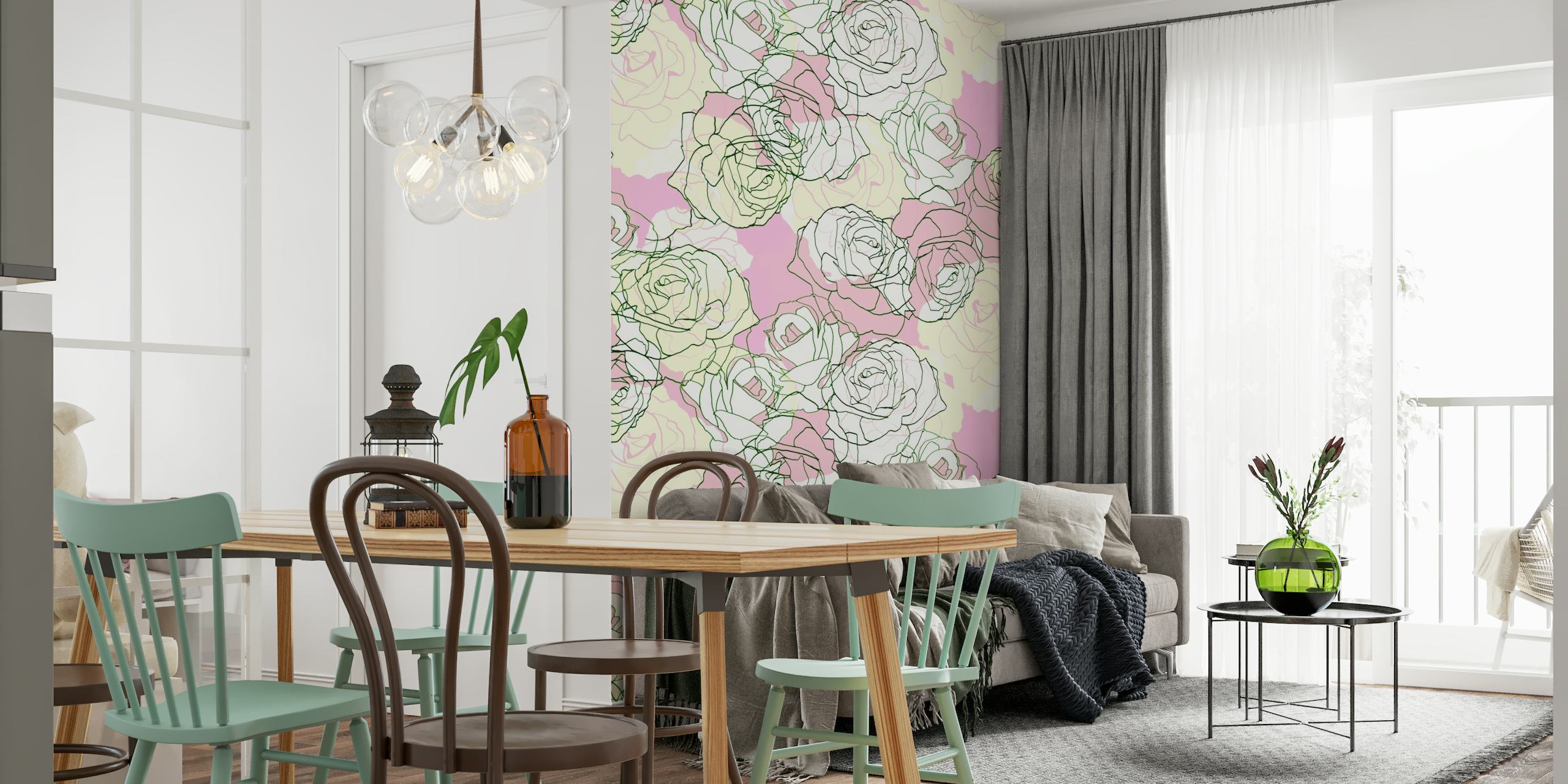 Line art Pastel Roses pattern behang