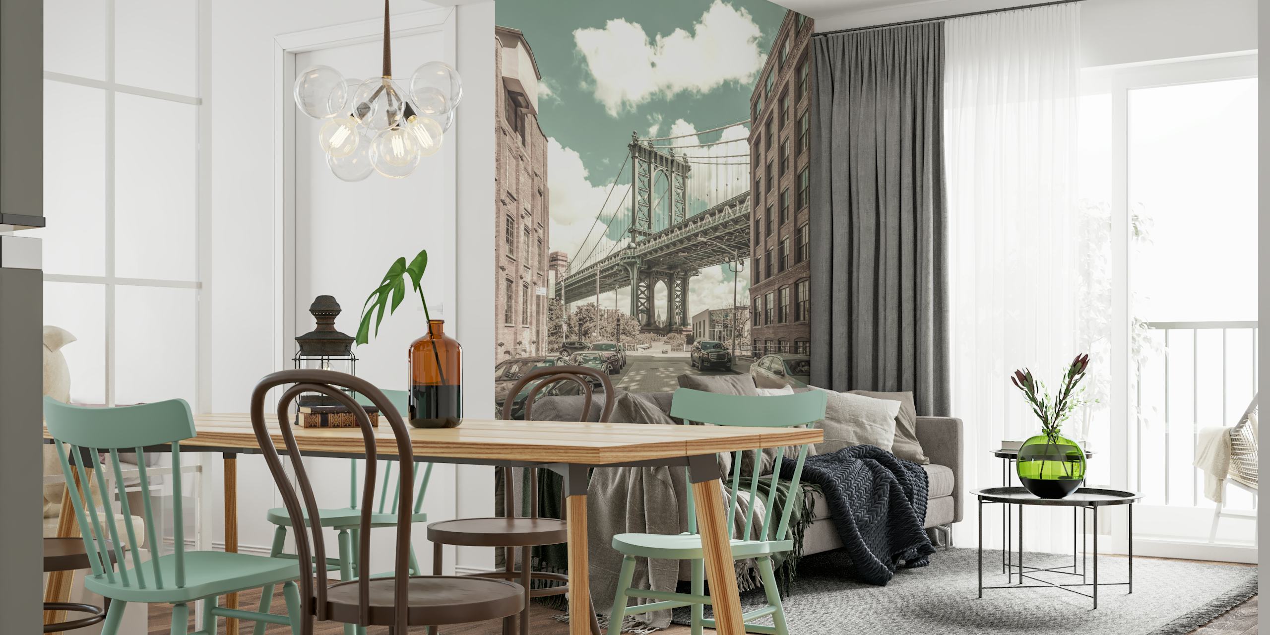 Vintage NYC Manhattan Bridge in muted tones wallpaper