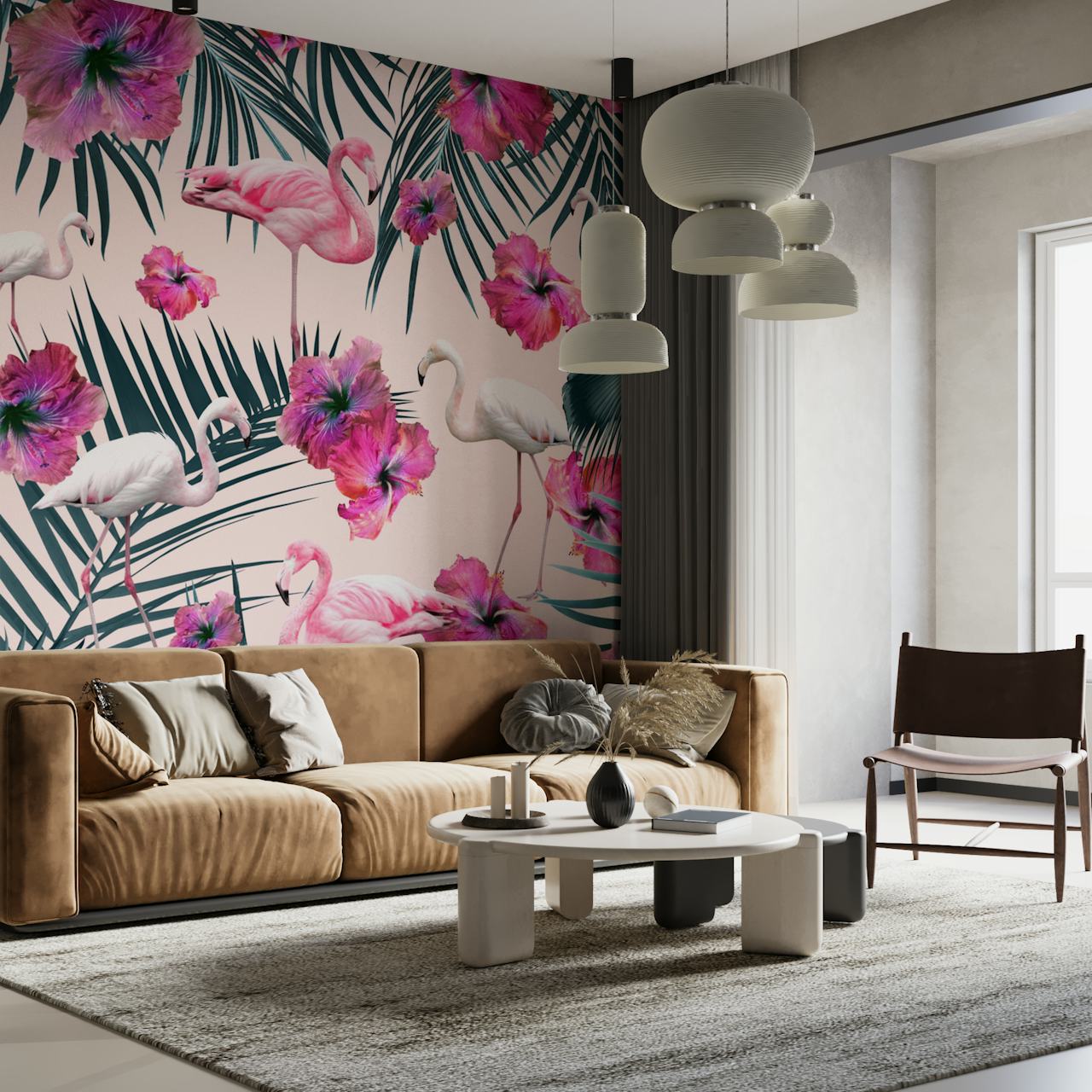 Vaaleanpunaisia flamingoja ja hibiskuja trooppisella teemalla