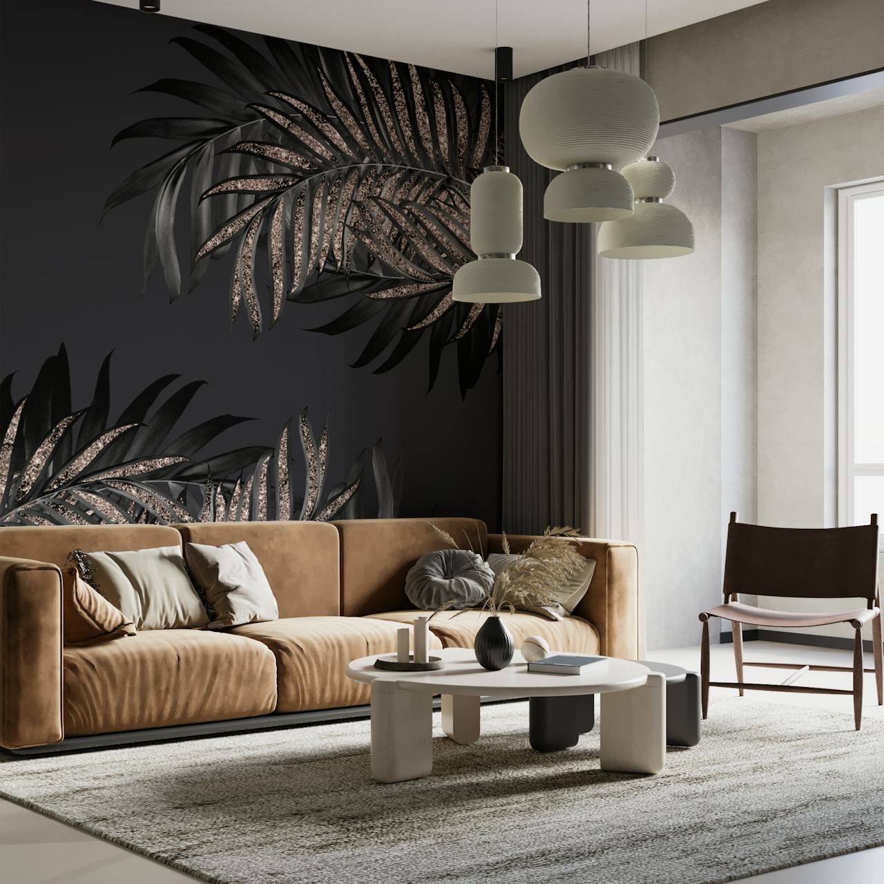 Gray Black Palm Glitter 6 wallpaper in a room