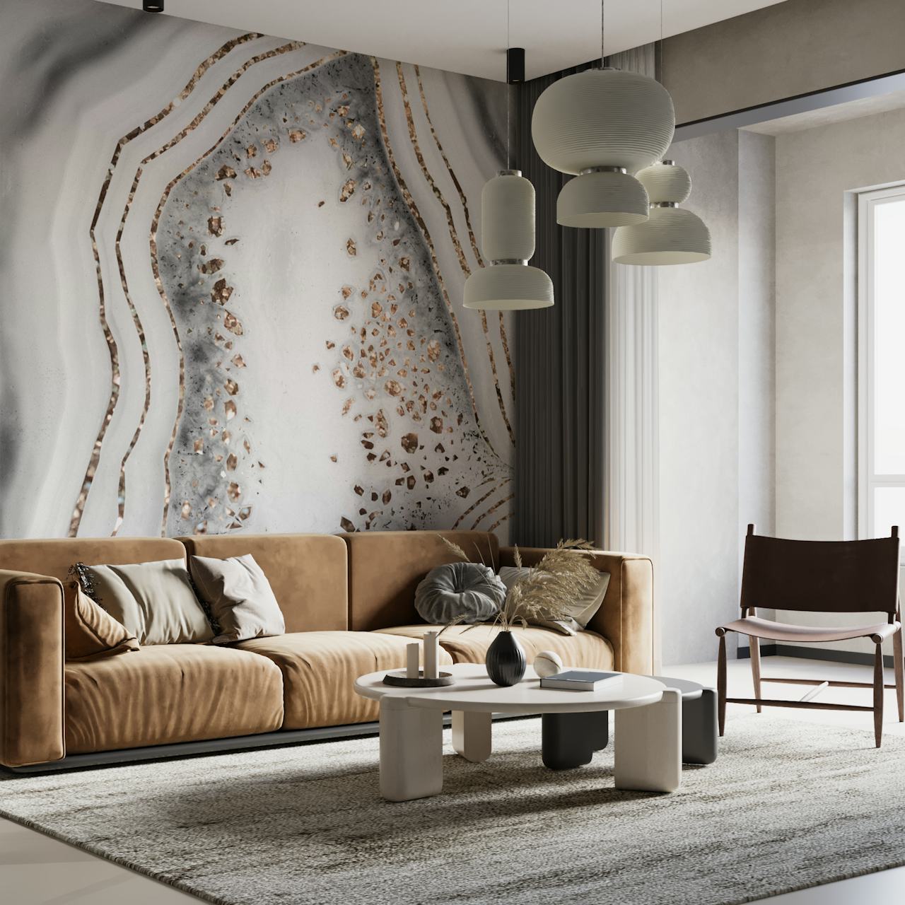 Elegant agat-inspirert veggmaleri med gullglitterdetaljer