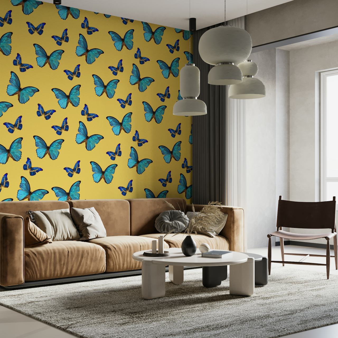 Blaue gelbe Butterfly Tapete in einem Raum