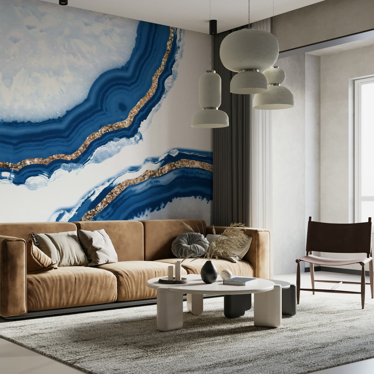 Elegant agate-inspired wall mural with gold and navy blue patterns