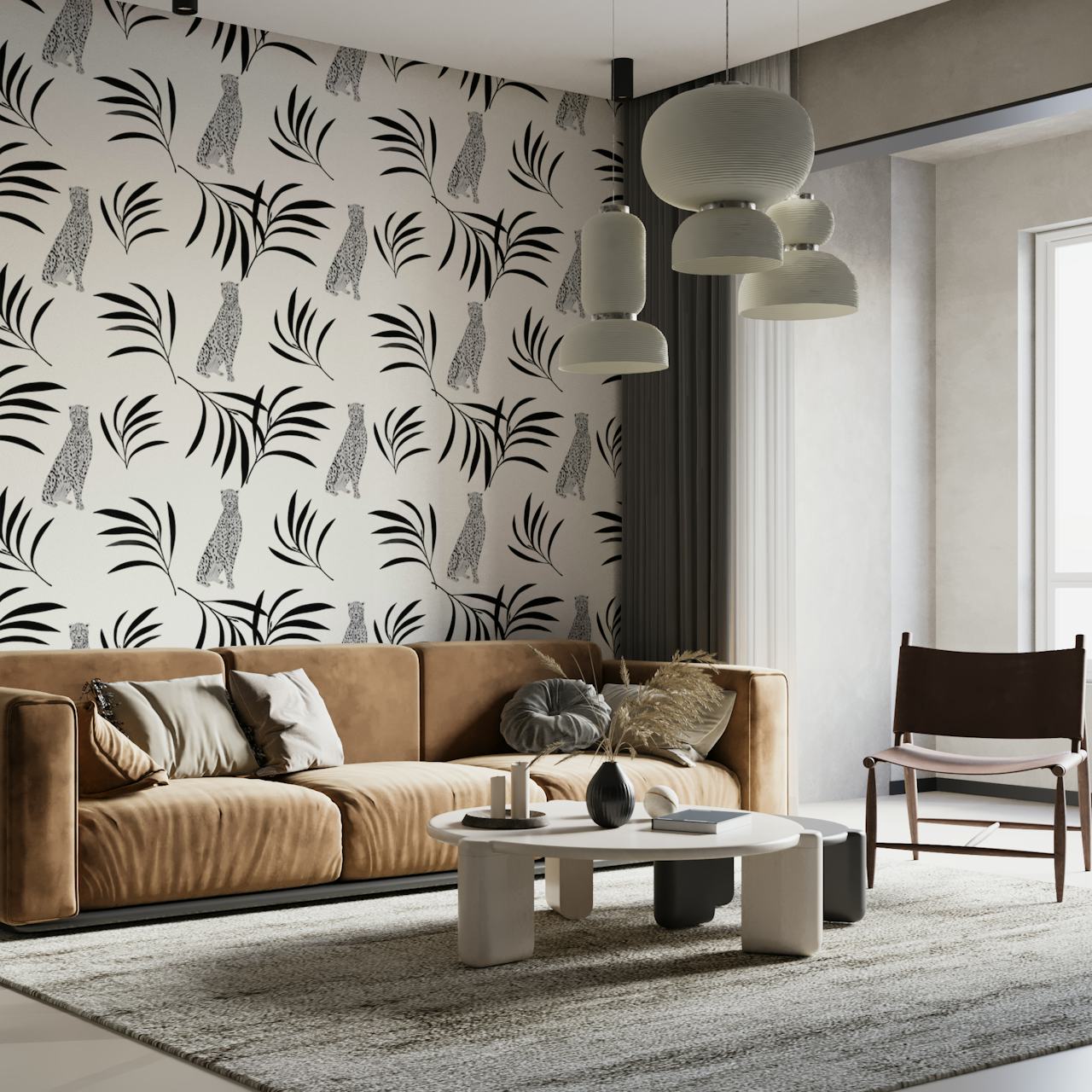 Cheetah and Eucalyptus pattern wall mural on a neutral background.