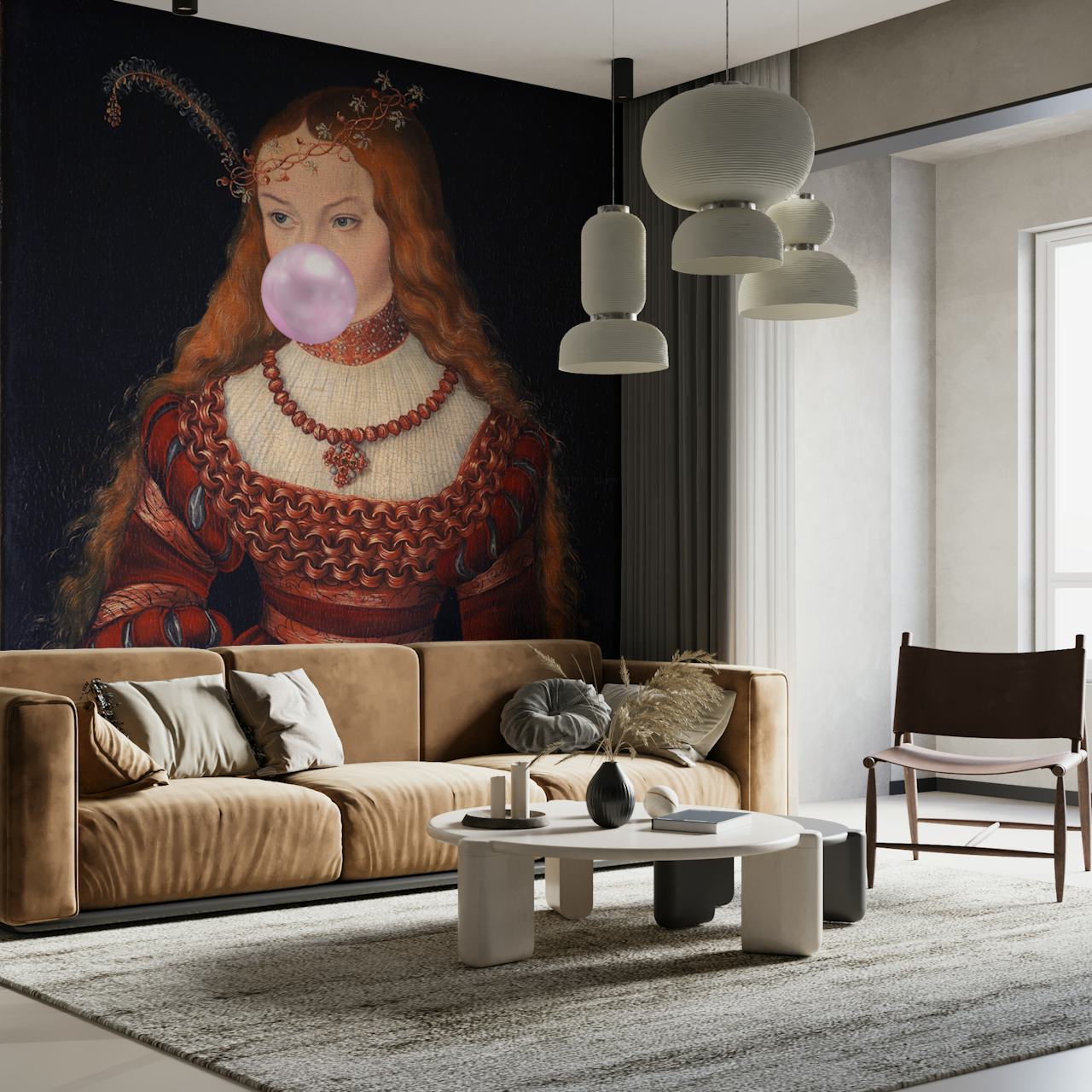 Vintage wall mural of a woman blowing bubblegum, red and pink tones