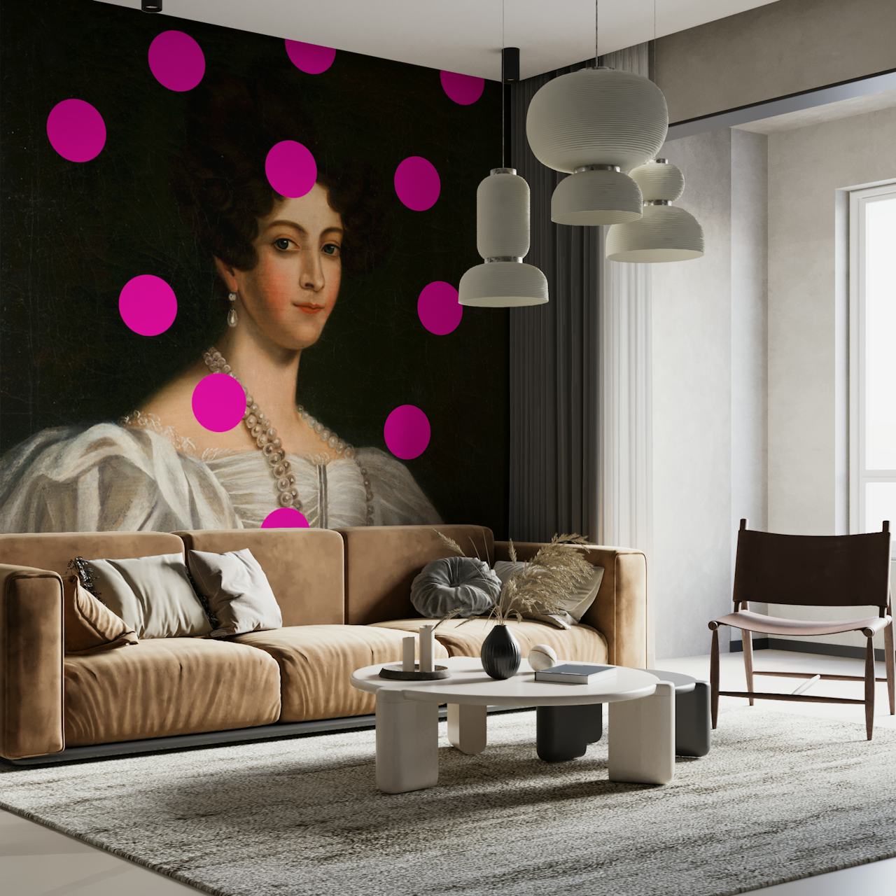 Tyylikäs tapetti, jossa on Vintage Elegance Lady with Pink Dots