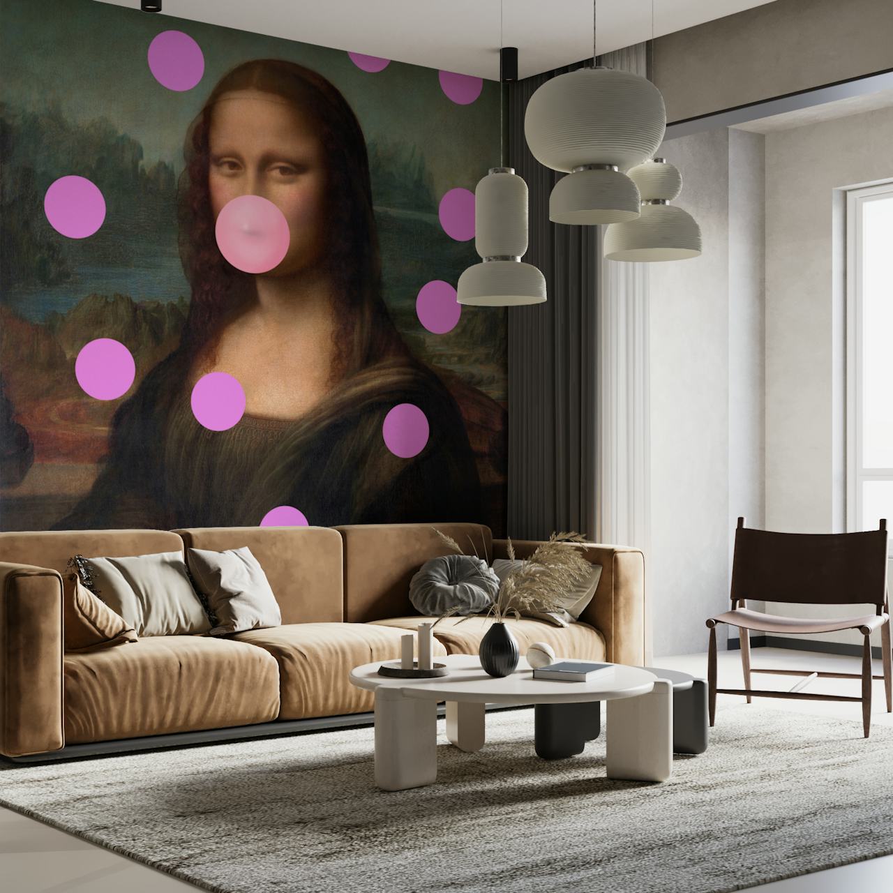 Mona Lisa with pink bubblegum and bubble dots wallpaper