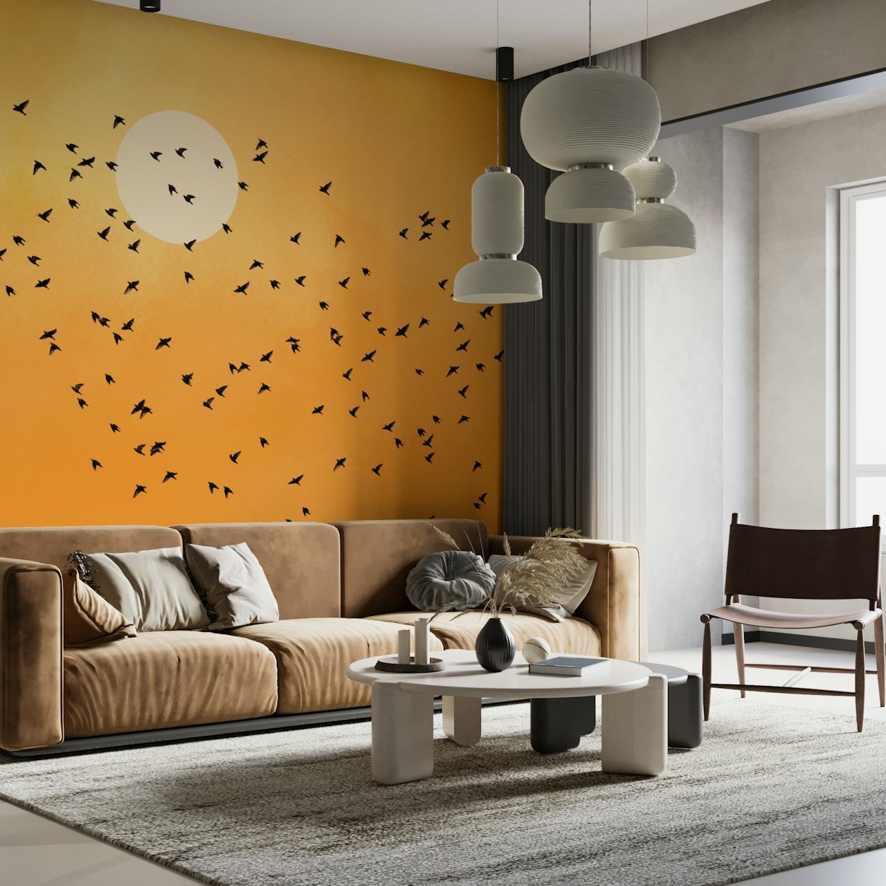 Silhouettes of birds against an orange sky and sun wallpaper