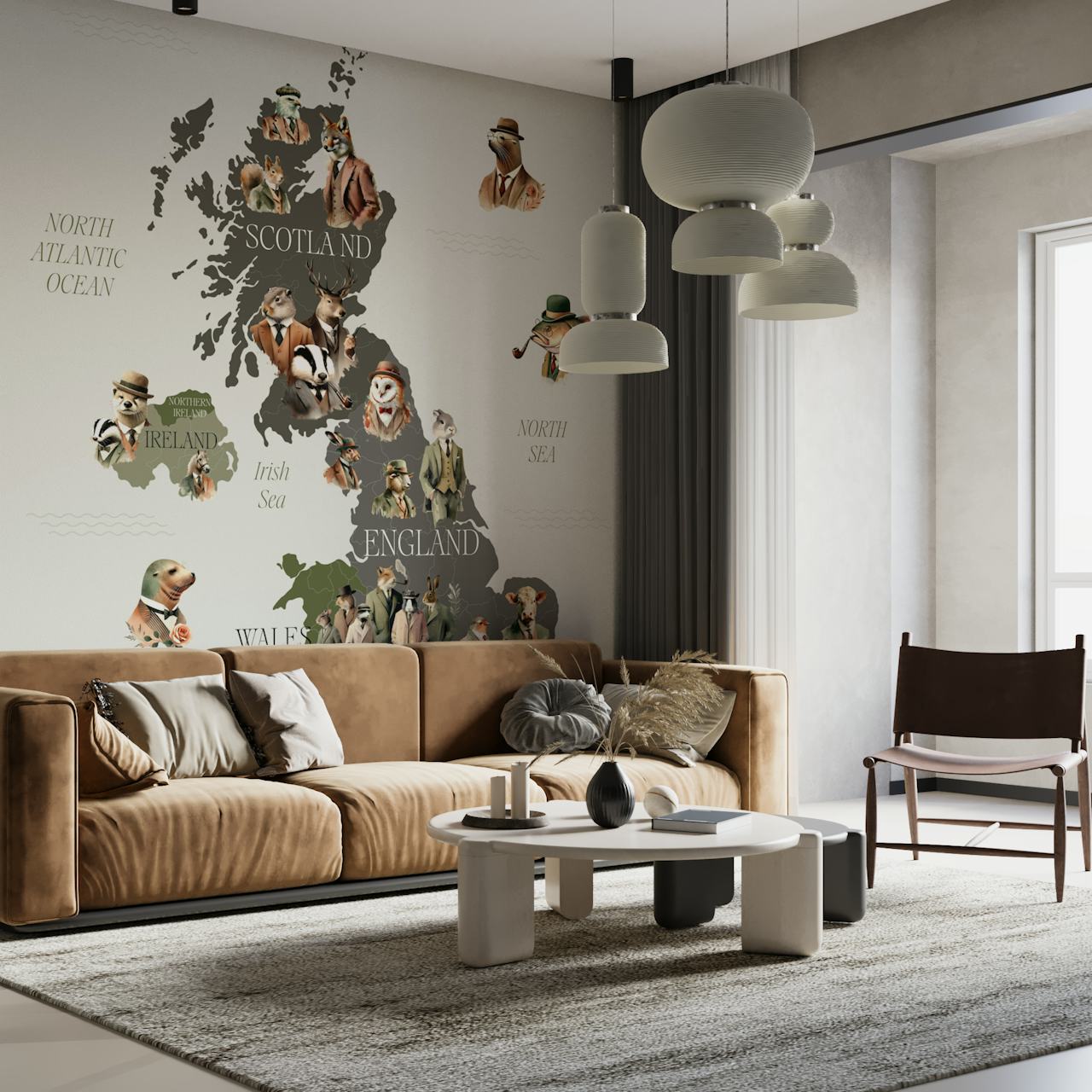 Charming British Animal Map carta da parati in una stanza