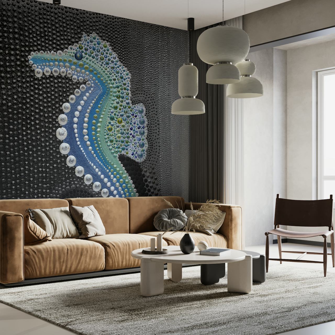 Colorful seahorse illustration with beads on dark background wallpaper