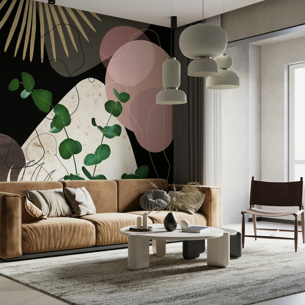 Eucalyptus leaves, pink and gold shapes on black wallpaper