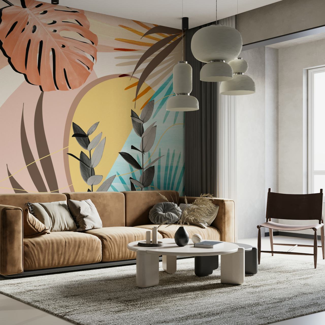Eucalyptus Tropical Summer Wall Mural with Pastel Abstract Shapes