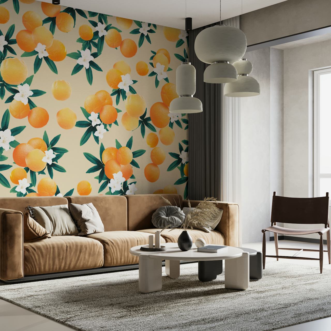 Carta da parati Orange Twist Flower Vibes in una stanza