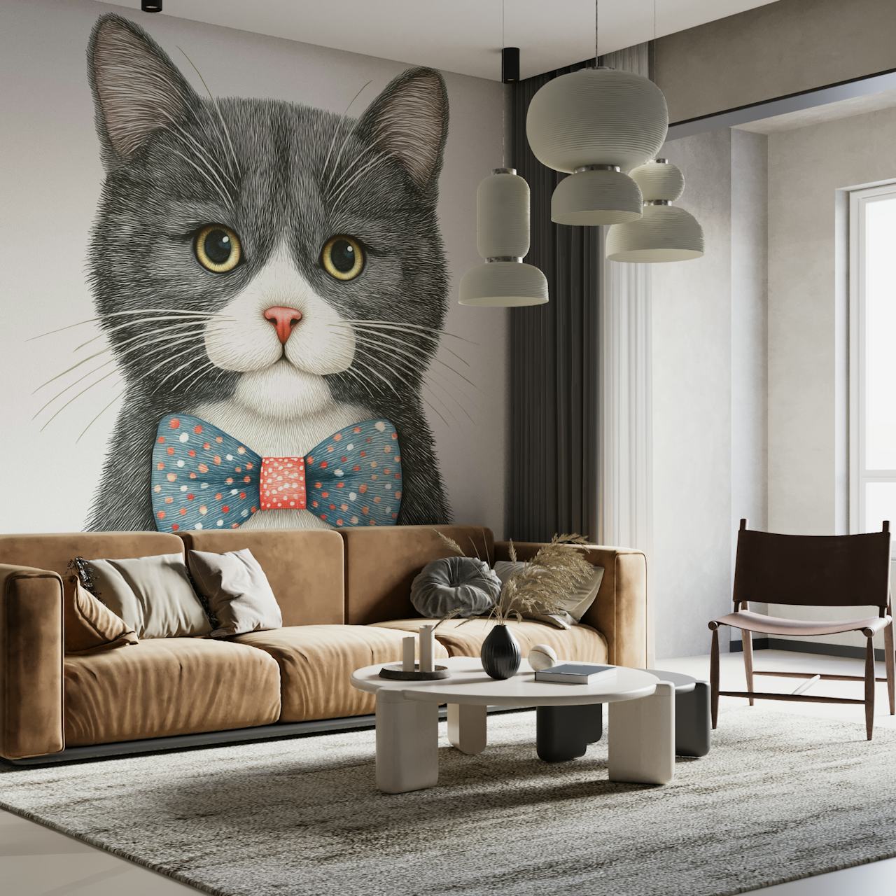 Kitty with a blue bow tie papel pintado en una habitación
