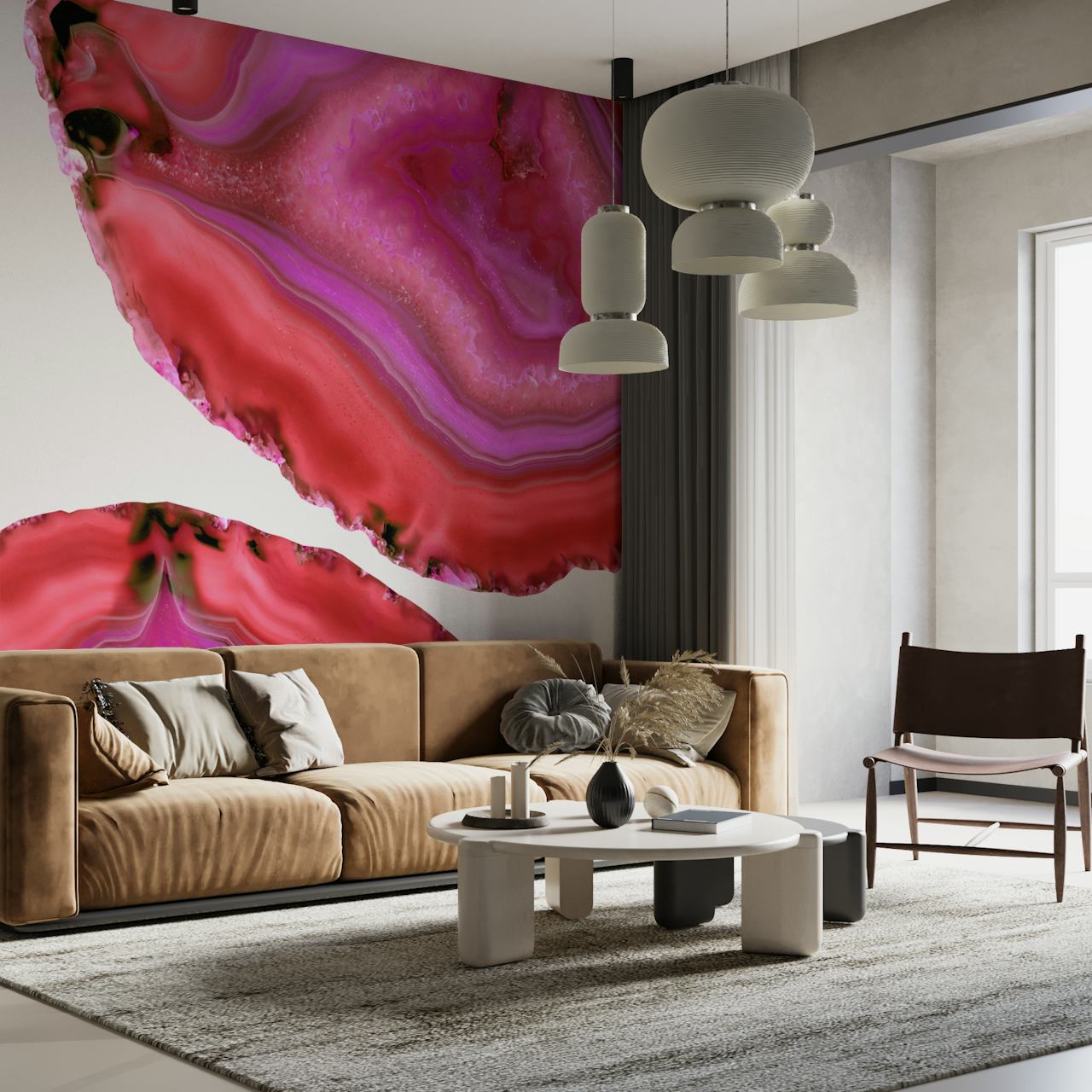 Levende Agate Boho Chic 4 veggmaleri med rike rosa og lilla toner med svarte årer