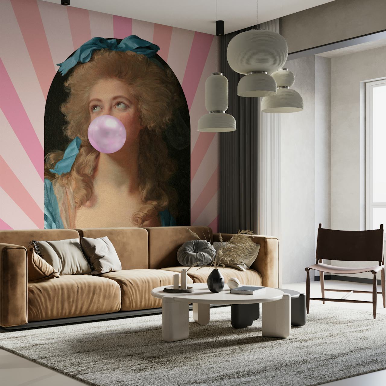 Bubble gum art featuring a woman with pink bubble and blue attire against pink rays wallpaper