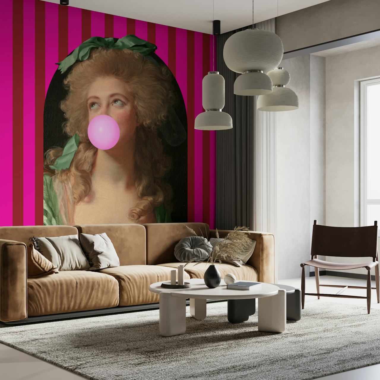 Vibrant pink striped wallpaper with a classic portrait of a woman blowing a bubblegum