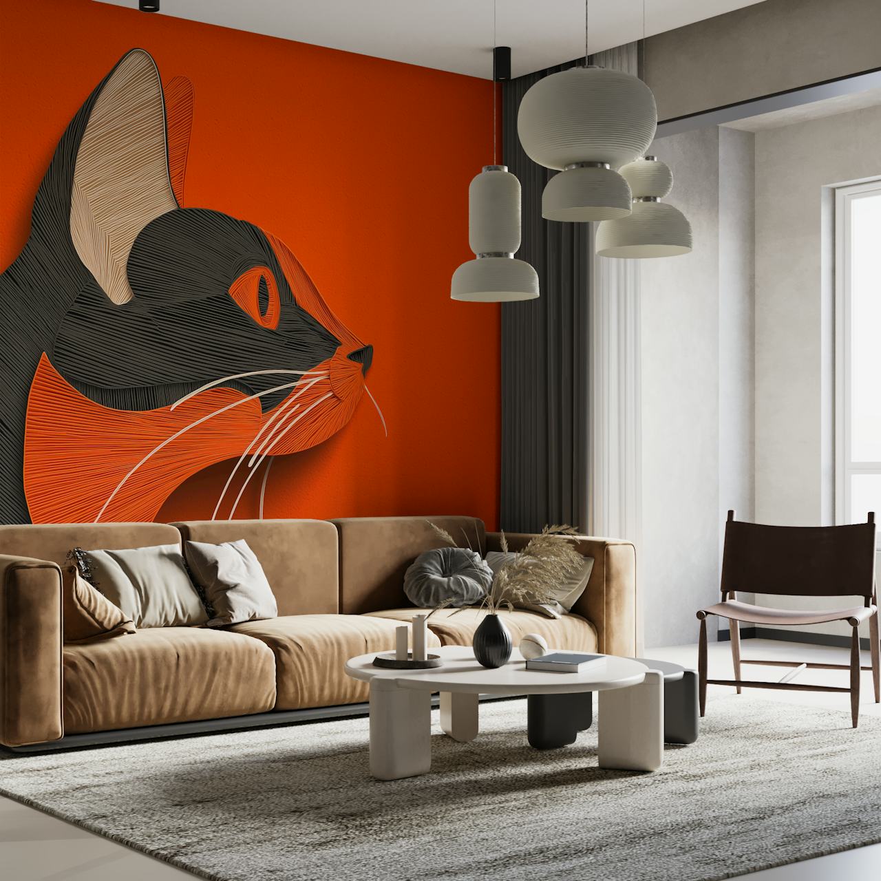 Textured cat portrait wallpaper in a room