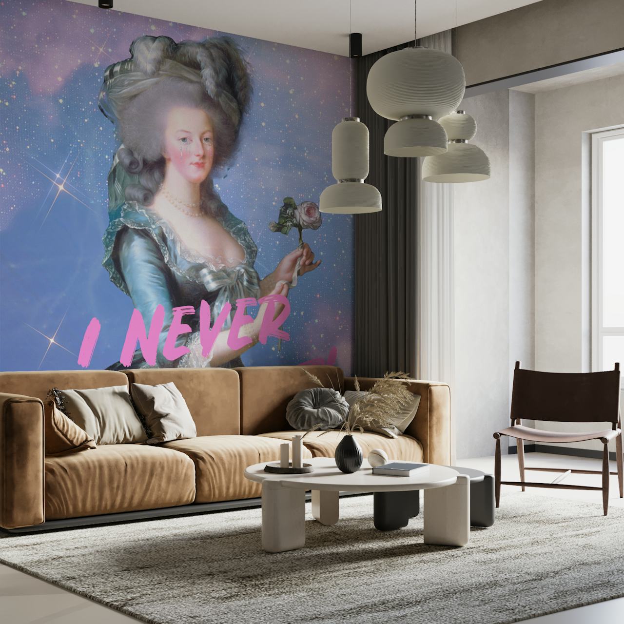 Vintage wallpaper featuring a painting of Marie Antoinette in soft colors