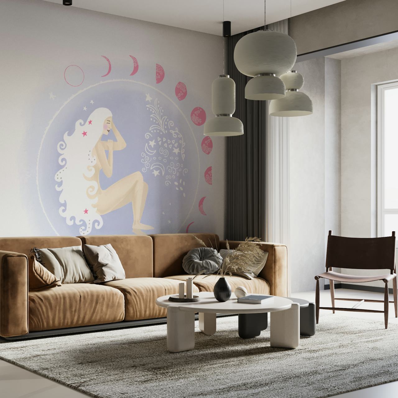 Celestial woman with long hair in a moonlit circle, pastel colors, whimsical design wallpaper